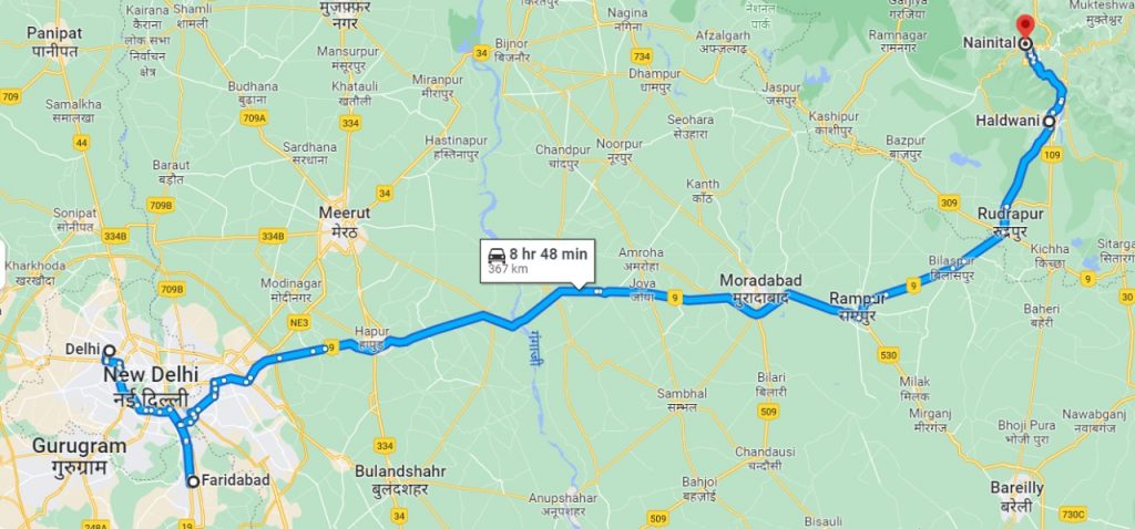 Road trip from Delhi to Nainital Map