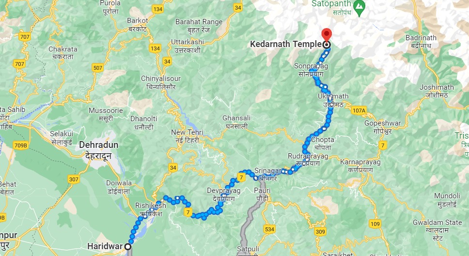 Map route for the trip from Haridwar to Kedarnath