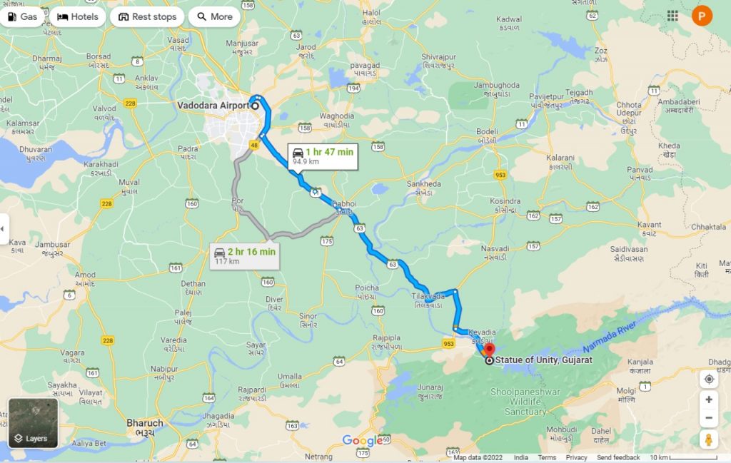 Route Map from Vadodara Airport to Statue of Unity