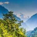 Snowclad mountains in Manali with thriving greenery