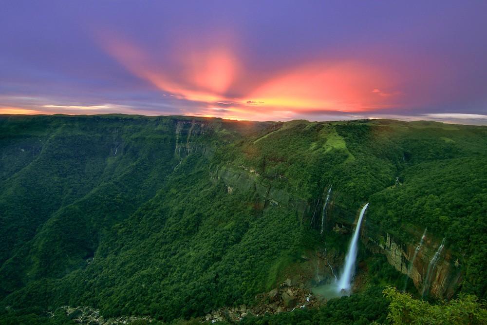 Spectacular Nohkalikai Falls and lush green landscapes of Cherrapunji hill station in monsoon