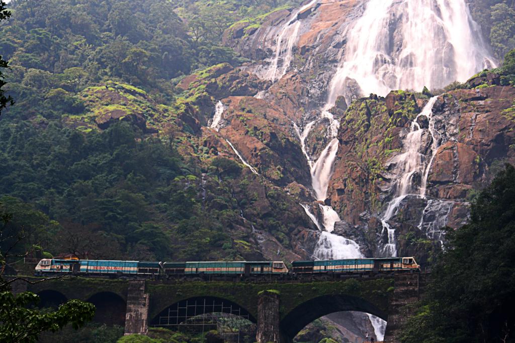 Dudhsagar Falls, a spectacular waterfall in South India on the Goa-Karnataka border, roaring with milky white water in the monsoon
