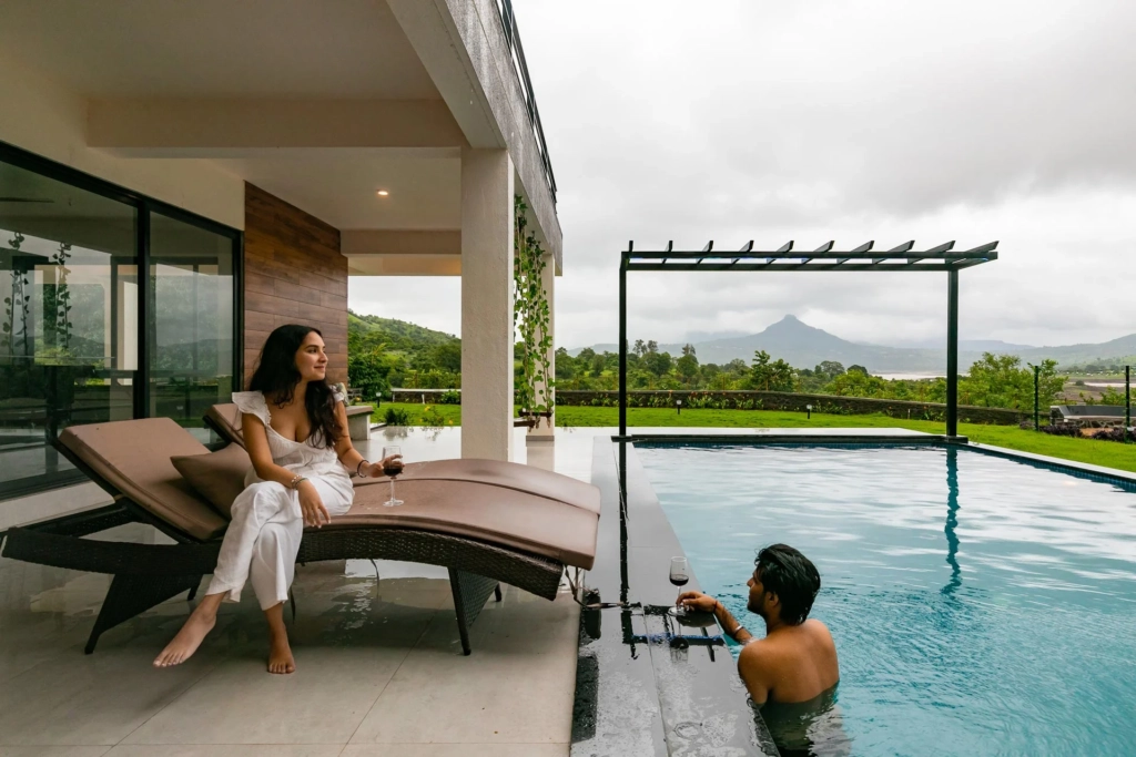 Cosy fireplace corner in family villa retreat at Lonavala
