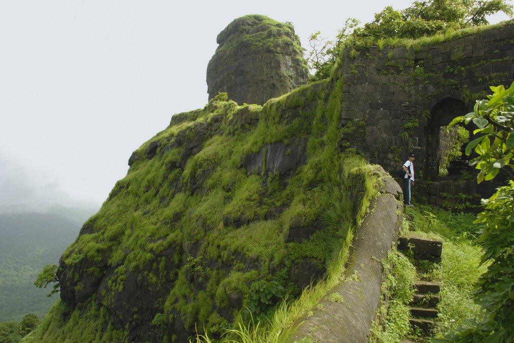 A family on monsoon treks for kids crossing a scenic wooden bridge in the rain