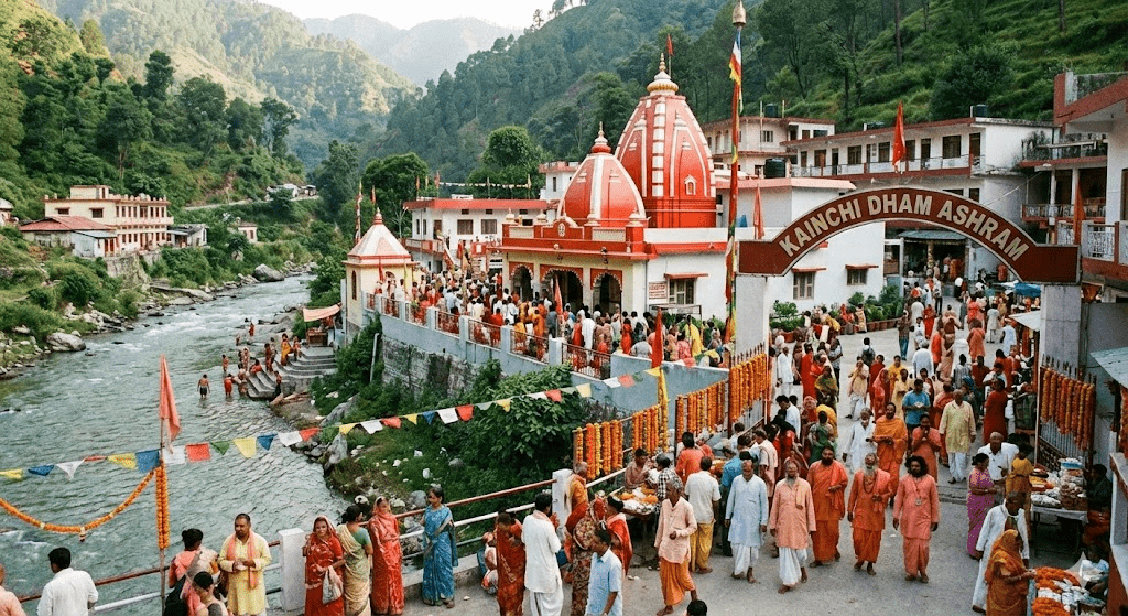 Devotees attending 6:45 AM morning Aarti at Neem Karoli Baba ashram in winter. Kainchi dham trip