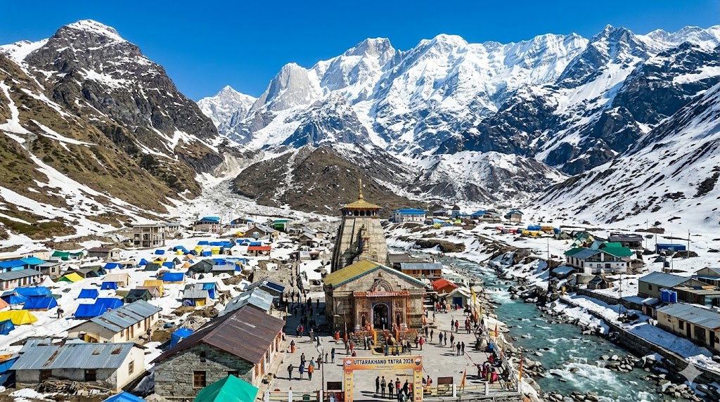 Snow-capped Himalayan peaks surrounding Kedarnath temple — IRCTC HeliYatra 2026 Kedarnath booking