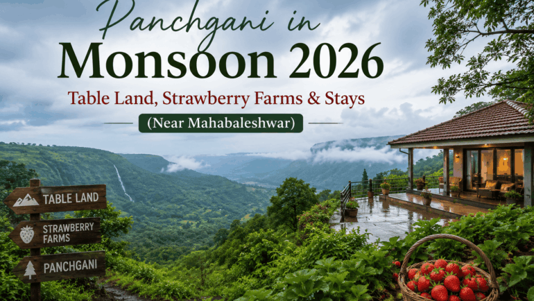 Panchgani in Monsoon 2026 featuring lush green valleys, strawberry farms, Table Land viewpoints, and a luxury hillside villa near Mahabaleshwar.