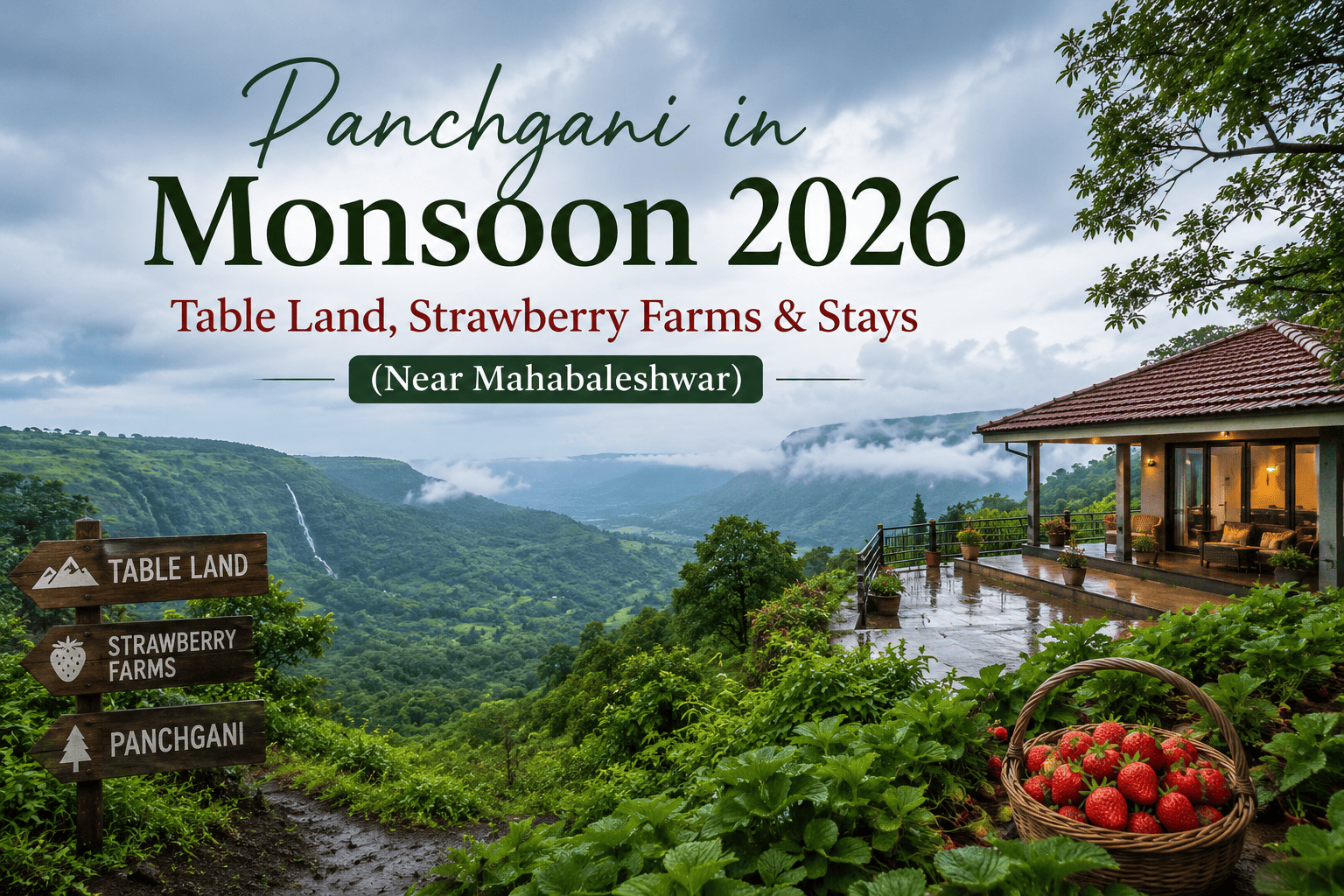 Panchgani in Monsoon 2026 featuring lush green valleys, strawberry farms, Table Land viewpoints, and a luxury hillside villa near Mahabaleshwar.